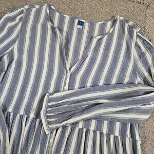 Old Navy Blue Whte Striped Long Sleeve Button Down Shirt Dress Sz L